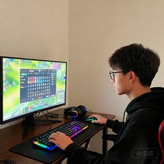 一位戴眼镜的年轻男性电竞爱好者在电脑前专注操作键盘的侧面照片